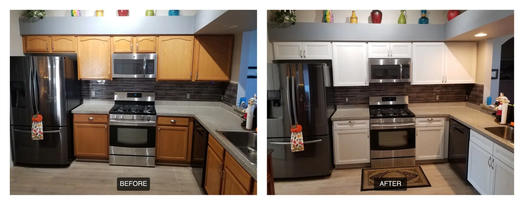 Kitchen cabinet door style upgrade from outdated panels to modern doors